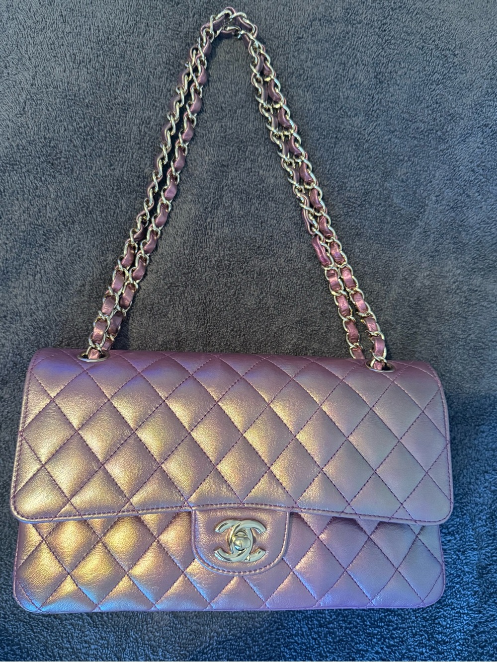 CHANEL Iridescent Purple Quilted Leather Shoulder Bag-Medium Double Flap